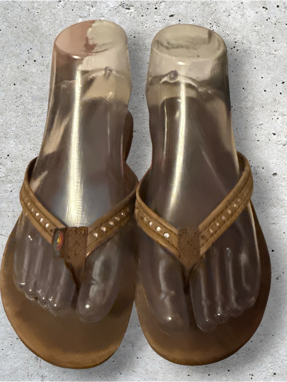 Girls Rainbow flip flops brown with rhinestones.